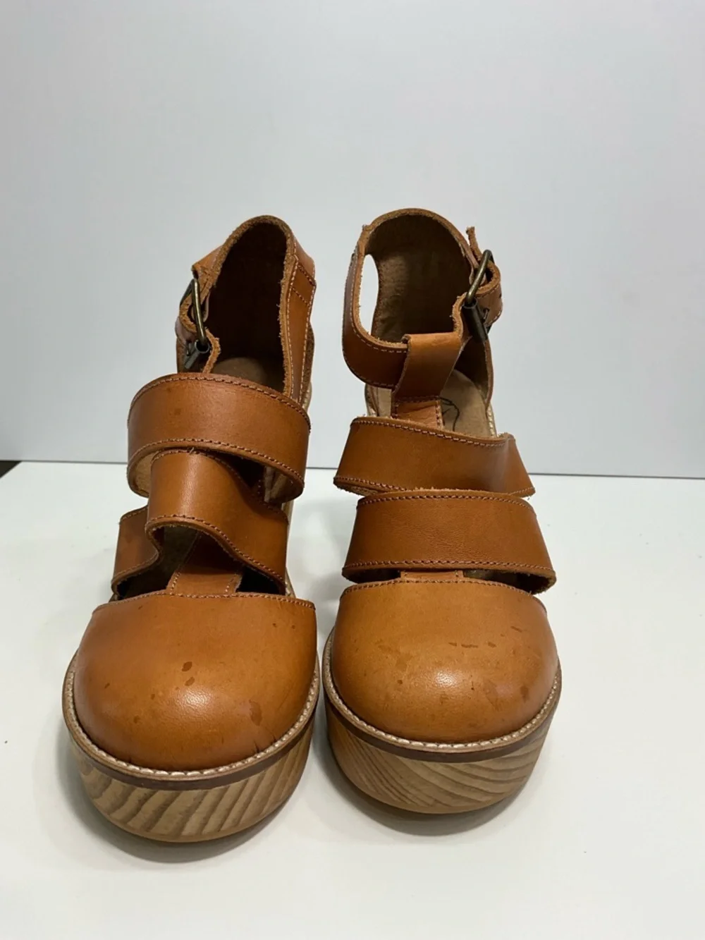 Free People Mix It Up Platform Sandals Cognac Leather Wood Heel Size 7.5